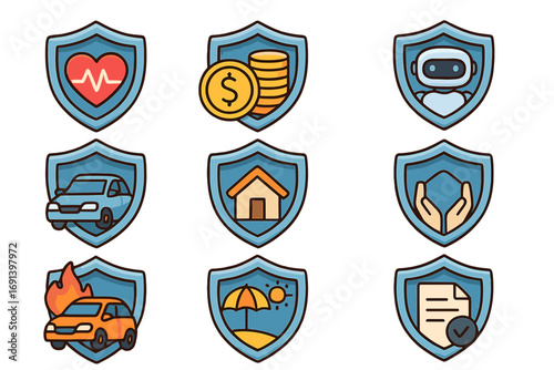 Insurance icon set. Shield protection concept for health, life, car, home, travel and finance. Vector cartoon graphic collection for web, app, and business safety.