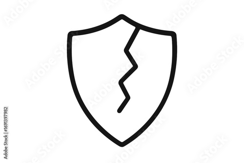 Cracked shield icon. Broken security symbol. Concept of vulnerability, risk, data breach, and failed protection. Unsafe, insecure, and unprotected sign. Vector line art.