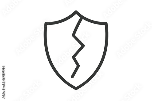 Cracked shield icon vector. Broken defense and vulnerability concept. Safety, security risk, and data breach symbol. Minimalist line art for web and app design. Unsafe.