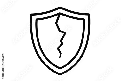 Cracked shield icon. Broken security and vulnerability concept. Symbol of risk, danger, and failed protection. Unsafe defense. Metaphor for data breach, cyber attack, system failure.