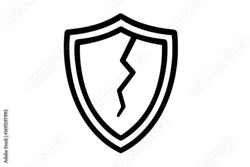 Cracked shield outline vector icon. Concept of vulnerability, broken security, risk, and danger. Symbol for unprotected systems, weak defense, data breach, and failure.
