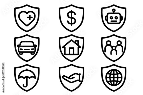 Insurance line icon set. Vector shield pictograms of health, life, money, car, home, family, travel, cyber security. Protection and safety concept for web, app, ui, ux.
