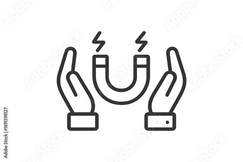 Lead generation and customer retention concept. Inbound marketing strategy icon. Hands holding a magnet to attract clients. Metaphor for business influence and engagement.