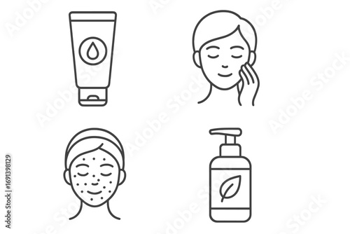 Thin line skincare vector icons set with moisturizer tube, cleansing cream, face with acne treatment, and natural lotion bottle, transparent background, beauty and skincare concept