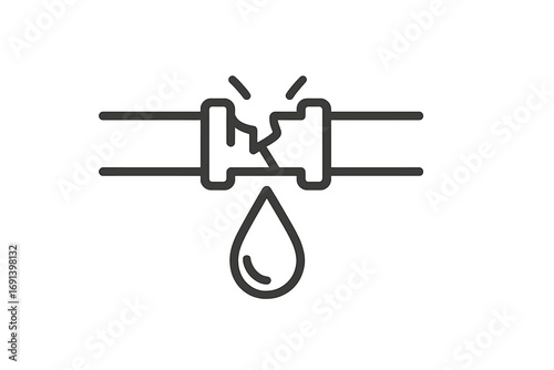 Broken pipe water leak icon. Plumbing problem thin line symbol. Burst pipeline with dripping water drop. Damage, leakage, and repair concept vector illustration for web.