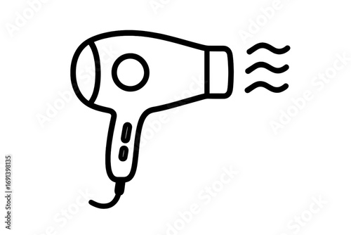 Hair dryer outline icon, simple blow dryer symbol for hairstyling. Professional hairdresser tool and beauty salon equipment. Vector line art cartoon illustration of a hot air appliance.