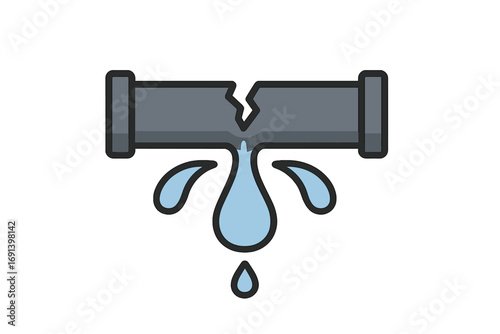 Broken pipe and water leak icon. Plumbing problem concept. Burst pipe with dripping water. Water damage and leakage. Pipeline repair symbol. Emergency plumbing service vector.
