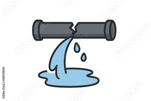 Broken pipe with water leak. Vector icon illustration of a plumbing problem. Water damage, burst pipeline, and leakage concept. Emergency plumbing repair or maintenance symbol.
