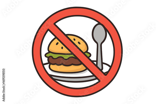 No eating allowed sign, no food symbol. Prohibited and forbidden area icon. Warning about fast food and drinks. Stop eating concept vector illustration for graphics and apps.