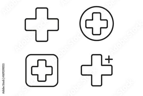 Medical cross icon set. Health care symbol collection for UI design. First aid, hospital, and pharmacy sign. Emergency plus logo element for web and mobile apps. Editable stroke vector.