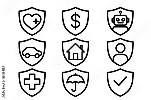 Insurance icon set with shield protection concept. Vector line icons for health, life, car, home, financial, and personal insurance. Secure graphics for app and web design.