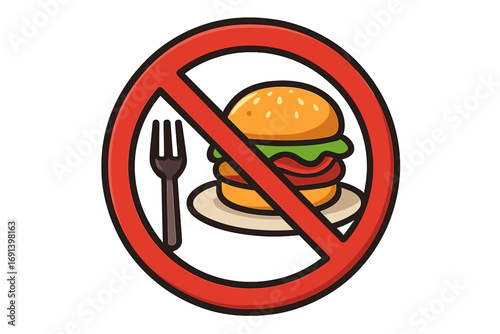 No eating allowed sign. Fast food prohibited icon. Red warning circle symbol with hamburger and fork. Fasting, diet concept. Do not eat vector graphic for apps and web.