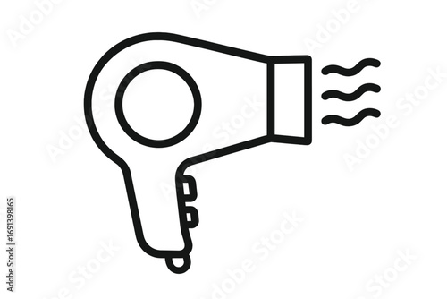 Hair dryer outline icon for graphic design. Blow dryer vector symbol. Hairdressing and beauty salon equipment for hairstyling. Hair care appliance with hot air pictogram.