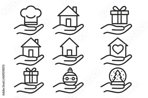 Hand holding icon set. Service offering concept. Real estate, home care, charity, holiday gift, chef cooking icons. Vector outline symbol bundle for web and app design.