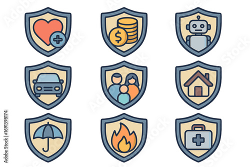 Insurance icon pack. Shield protection concept. Vector line icons for health, life, family, car, home, and financial security. Fire safety and AI technology graphics for web and apps.