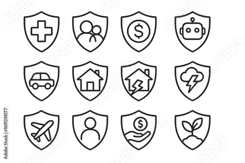 Insurance line icon set. Shield protection symbols for health, money, life, family, car, home, travel, disaster and financial risk. Vector graphics concept for apps.