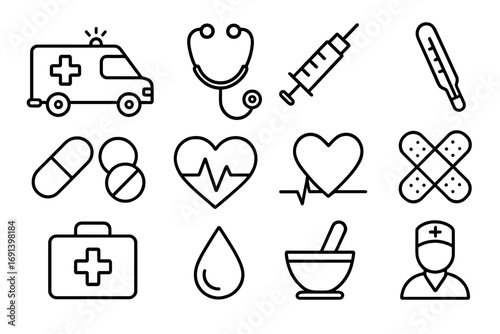 Medical and healthcare thin line icon set. Medicine outline symbols. Ambulance, stethoscope, syringe, pill, heartbeat, first aid kit for web and mobile. Vector graphic.