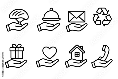 Hand icon set for services. Outline pictograms of hand holding helmet, food delivery, mail, gift, heart, house, phone. Vector graphics for charity, support, recycling, care, web design.