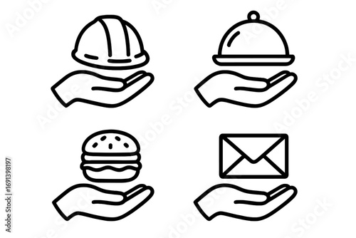 Hand offering service icon set. Construction helmet, food delivery, burger, and mail icons. Outline vector signs for web design, apps, graphic adverts and business.