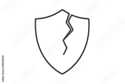 Broken shield icon. Metaphor for vulnerability, risk, and failed security. Cracked defense symbol for concepts of data breach, damage, weak protection, and insecurity.