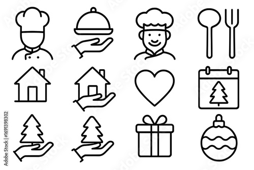 Christmas holiday charity food donation line icon set. Chef, home cooking, delivery service, giving and support outline icons. Xmas dinner, tree, gift vector signs.