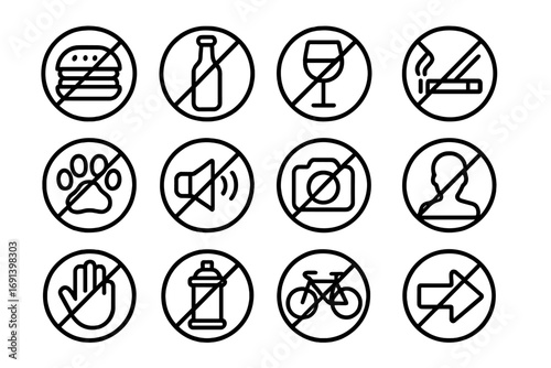 Forbidden line icon collection. Prohibition signs and warning symbols set. Vector outline icons for no food, smoking, pets, noise, photos. For web design, apps, signage.