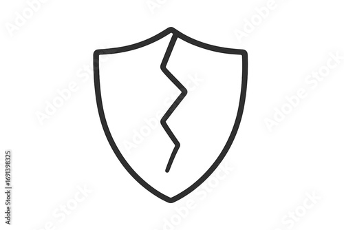 Broken shield line icon. Concept of vulnerability, insecurity, data breach, cyber attack. Cracked protection symbol for risk, danger, and failure. Weak defense concept.