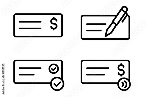 Bank check icon set. Financial transaction and payment outline icons. Cheque signing, salary paycheck, verified deposit, money transfer and currency concept vector symbol.