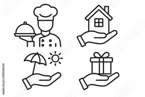Line icon set of services and benefits. Real estate, home insurance, food delivery, catering, travel protection, and customer gift loyalty program vector symbols.