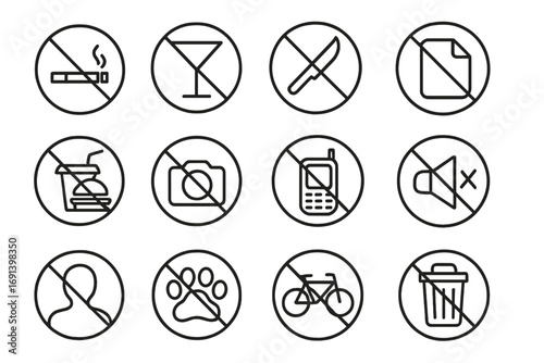 Prohibition signs thin line icon set. Vector forbidden symbols collection. No smoking, food, alcohol, pets, phone, camera, littering. Restriction warning outline icons.