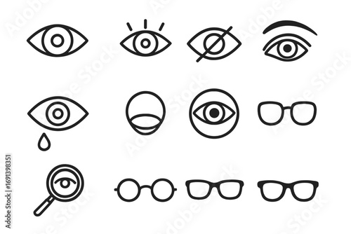 Eye and vision line icon set. Ophthalmology and optometry concepts. Pack of outline icons including glasses, contact lens, blindness, and search symbols for web design.