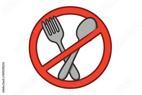 No food or eating allowed sign. Fork and spoon prohibited icon. Fasting, diet symbol. Warning, forbidden, danger, do not eat concept. Cutlery restriction vector illustration.
