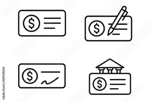 Bank check line icon set. Financial payment symbol. Signing a paycheck for salary and wages. Money, banking and business transaction concept. Vector outline illustration design.