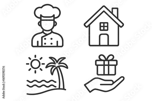 Chef and cook icon, real estate house symbol, summer beach holiday sign, and hand with gift for loyalty program. Vector outline pictogram set for web, apps, and business.