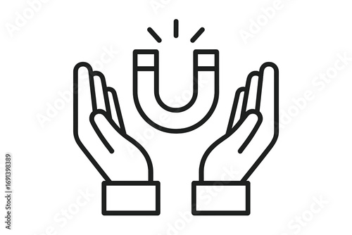 Hands holding magnet icon. Metaphor for customer attraction, client retention, and lead generation. Concept of influence, marketing, and pulling force. Simple line vector.