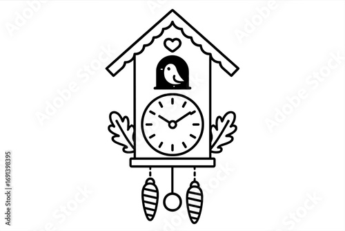 Cuckoo Clock Outline Linear Vector Illustration, Cartoon Style, Graphic Design Element for Web, Apps, Adverts, Cards, Transparent Background, Decorative Clock with Bird and Pinecone Weights