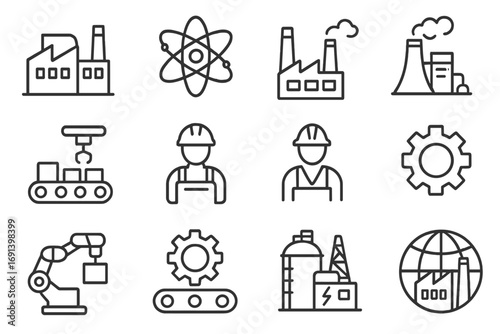 Industry and manufacturing thin line icon set. Vector outline symbols for production, factory, power plant, automation, robotics, engineering. Editable stroke icons.