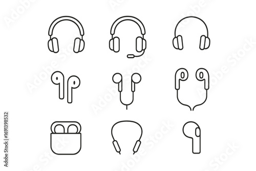 Headphones and earphones line icon set. Audio listening device symbols. Headset, wireless earbuds, and gadget pictograms. Vector outline icons for music app and web UI.