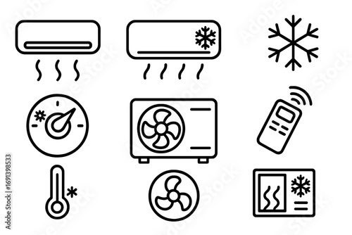 Air conditioner line icon set. HVAC system, cooling and heating symbols. Climate control, fan speed, and temperature icons. Vector outline pictogram for web and app design.
