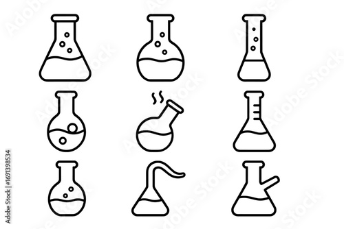 Laboratory flask and beaker line icon set. Chemistry glassware for science experiment and research. Vector symbols for web and app design. Chemical analysis concept.