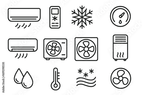 Air conditioner line icon set. HVAC, cooling system, and climate control vector signs. Fan, ventilation, cold air flow, and temperature outline symbols for web and apps.