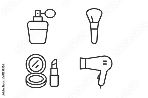 Set of beauty and cosmetics linear icons. Perfume, makeup brush, lipstick, face powder, and hairdryer symbols. Minimalist outline vector illustration for salon and fashion concept.