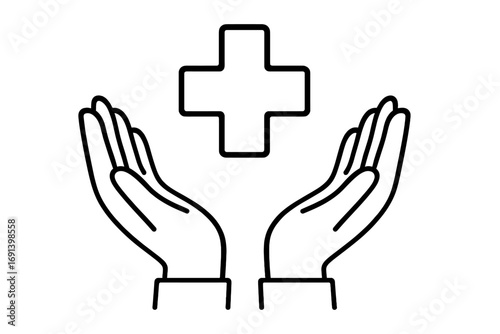 Medical cross in hands icon. Health care, protection, and support concept. Vector line art of charity and help. Medicine, first aid symbol for clinic and hospital apps.