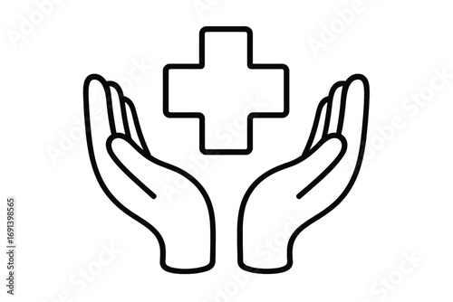 Hands holding medical cross line icon. Health care, medicine, and insurance concept. Symbol of safety, protection, help, support, and charity. Doctor, clinic, first aid sign.