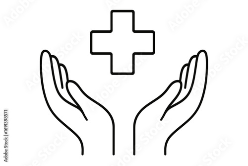 Medical cross in hands icon. Health care logo concept. Medicine and pharmacy symbol. Doctor, clinic or hospital sign. Charity, safety and support vector. First aid pictogram.