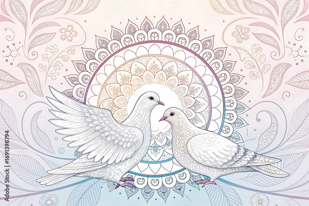 Fototapeta premium Intricate white lace mandala pattern with soft pastel gradient background