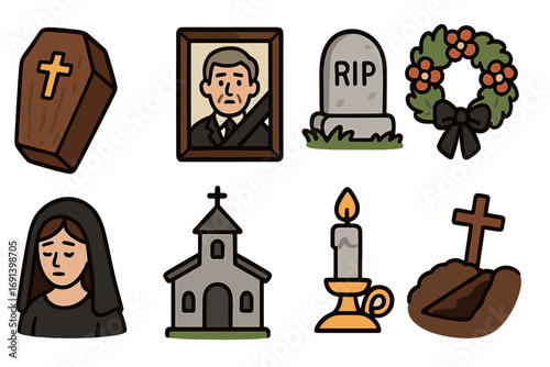 Funeral and mourning vector icon set. Death, grief, burial symbols. Includes coffin, gravestone, church, sad widow, memorial wreath. Rest in peace ceremony concept art.