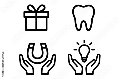 Simple line icon set. Gift, present, charity. Dental, tooth care. Magnetism, attraction concept. Idea, innovation, inspiration symbol. Universal pictograms for web design.
