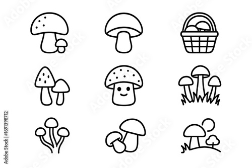 Mushroom icon set. Cute cartoon fungi line art collection for web and apps. Editable stroke vector illustration. Simple nature forest food symbols, foraging basket pictogram.