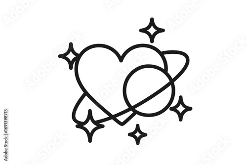 Heart shaped planet with cosmic rings and stars vector outline icon. Love, romance, space, and universe concept. Cosmic cartoon symbol for dating apps, cards, social networks, design.